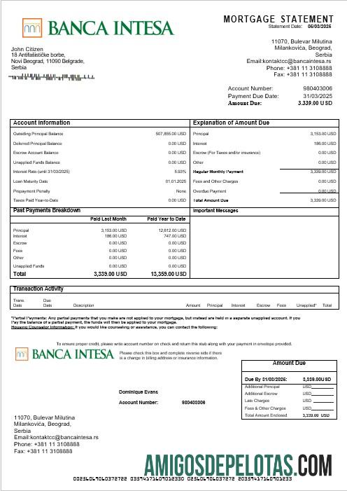 Declaração de hipoteca do Banca Intesa da Sérvia em formatos Word e PDF amostra